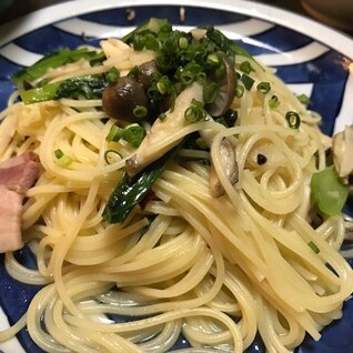 小松菜とベーコンのペペロンチーノ